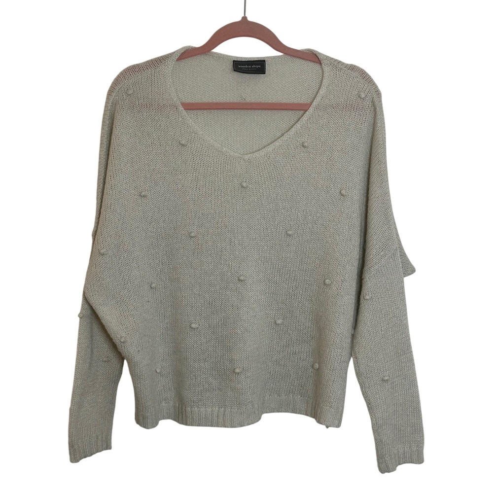 Wooden Ships Bobble V Neck Pullover Sweater Size S/M Beige Oversized Wool Blend‎